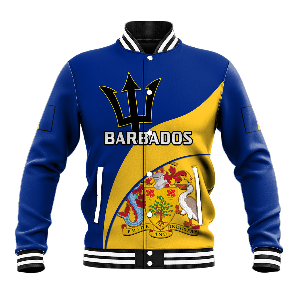 Blue baseball jacket with striped rib collar, snap front, and Barbados crest on front