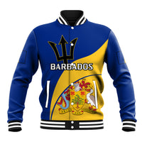 Blue baseball jacket with striped rib collar, snap front, and Barbados crest on front