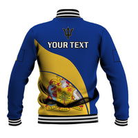 Blue baseball jacket with ribbed striped collar and yellow crest graphic on back, 'YOUR TEXT'
