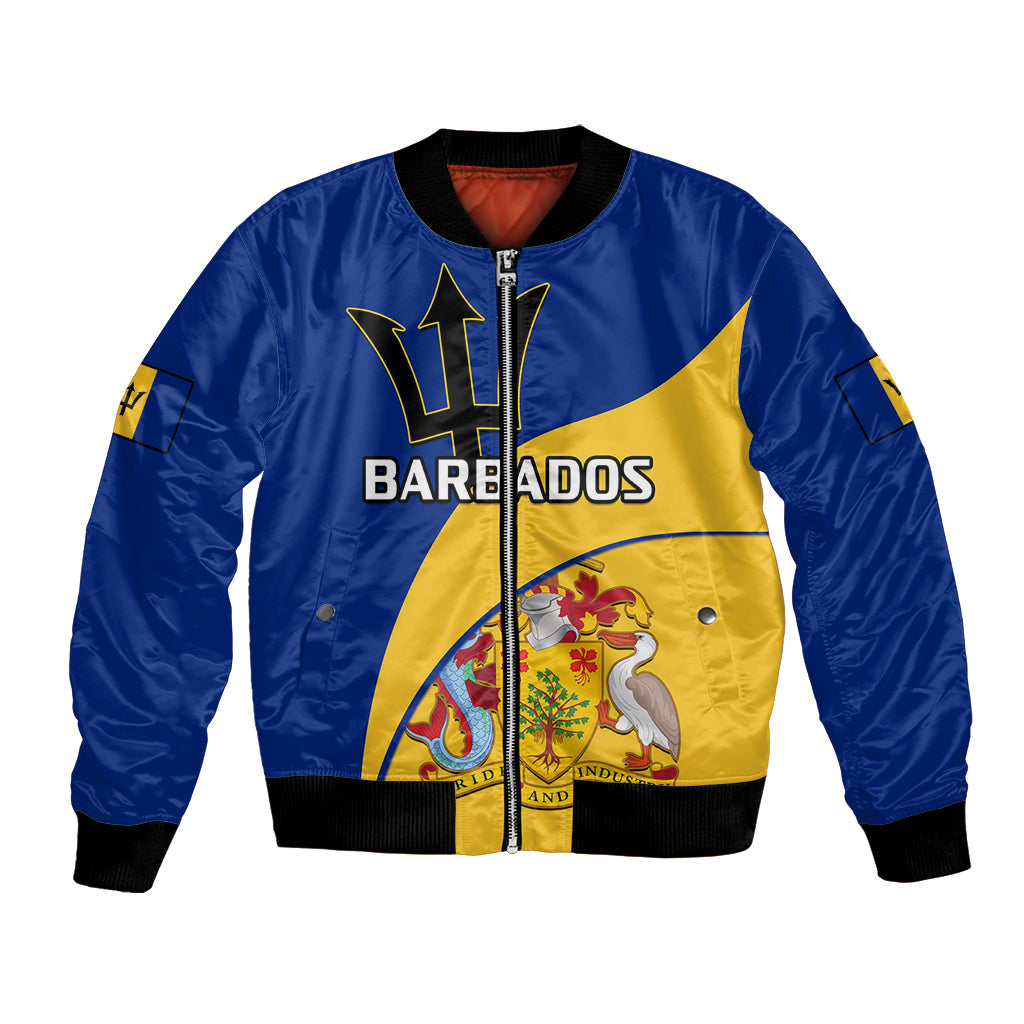 Blue bomber jacket with black rib trim, front zipper, yellow crest and Barbados graphic