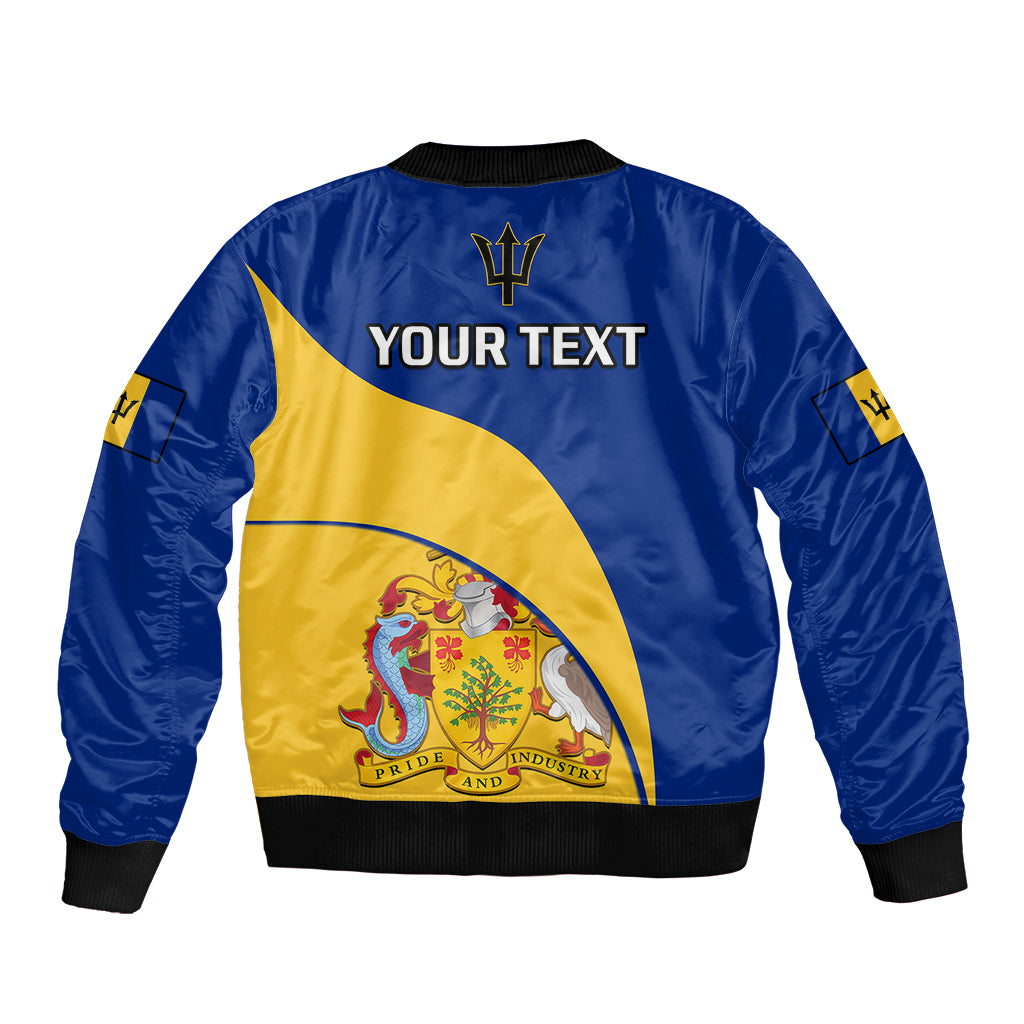 Blue bomber jacket back view with yellow panel, black rib trim, Your Text print