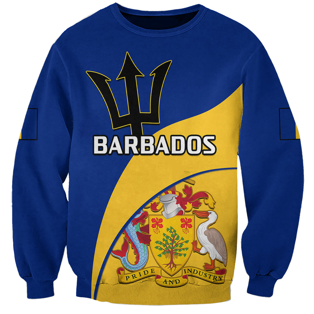 Blue crewneck sweatshirt with Barbados graphic and coat of arms front print