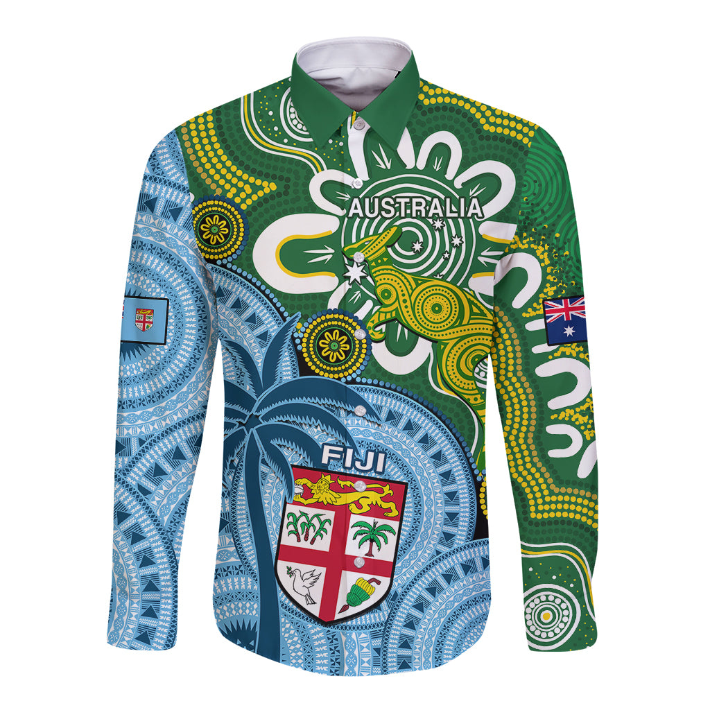 Green and blue long sleeve button shirt with Australia and Fiji graphic front