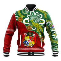 Baseball jacket with green, red, and yellow tribal print; snap front and striped cuffs.