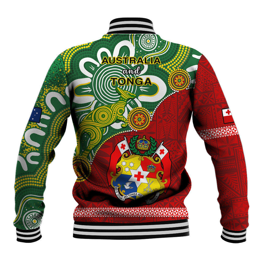 Back of baseball jacket in green and red tribal print with ribbed collar and striped hem.