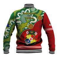 Back of baseball jacket in green and red tribal print with ribbed collar and striped hem.