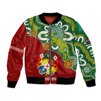 Unisex bomber jacket with green and red tribal graphics, zip front, ribbed black cuffs