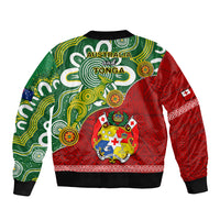 Unisex bomber jacket with green and red tribal back print, Australia and Tonga text, ribbed cuffs
