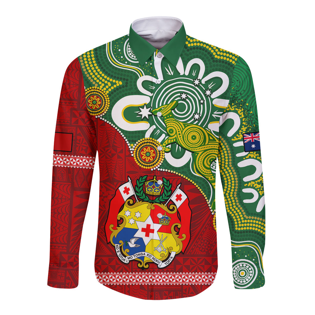 Long sleeve button shirt with green collar and red/green animal crest graphic print
