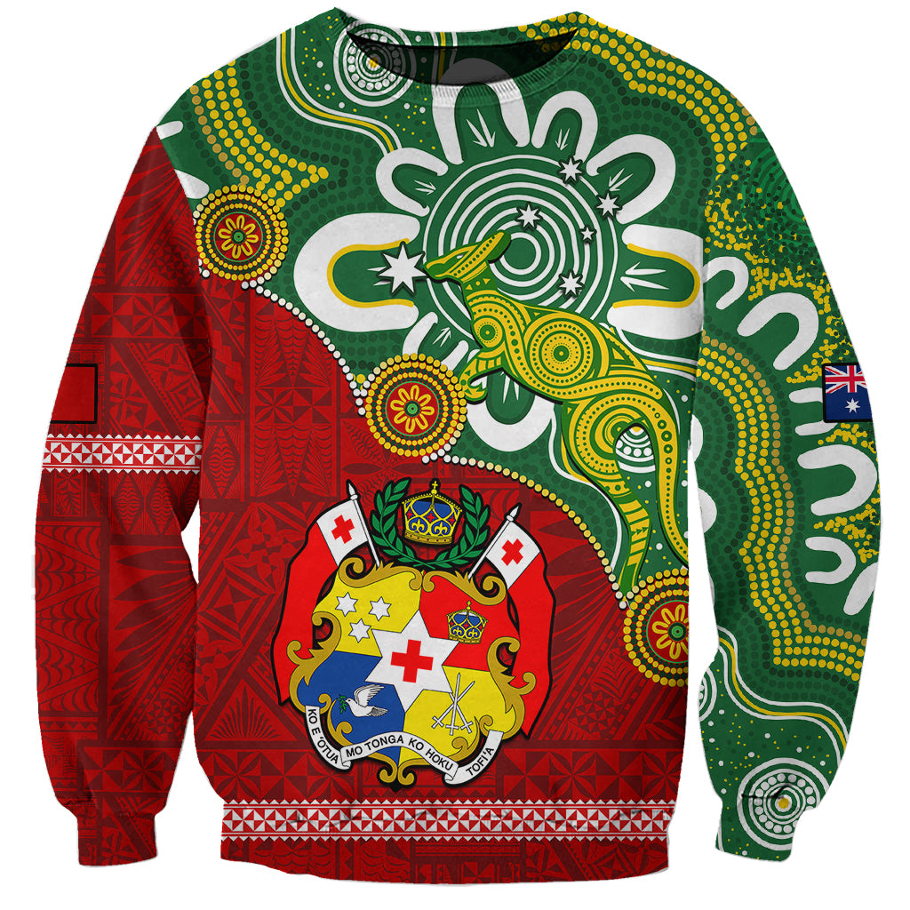 Green and red sweatshirt with stylized animal emblem and crest artwork