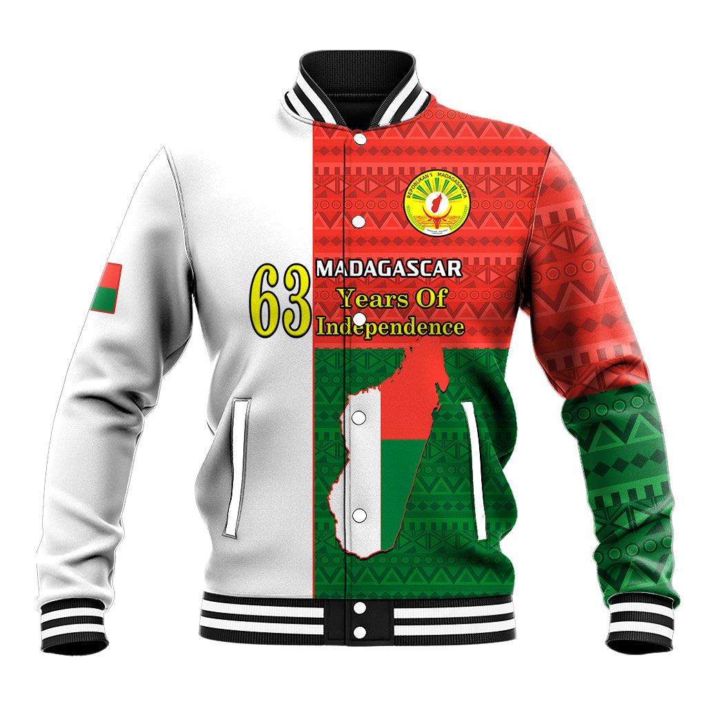 Red and green African-pattern baseball jacket with 63 Independence graphic, striped cuffs