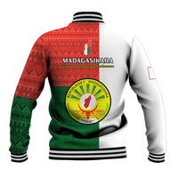 Red and green African-pattern baseball jacket back with MADAGASKARA emblem, striped hem