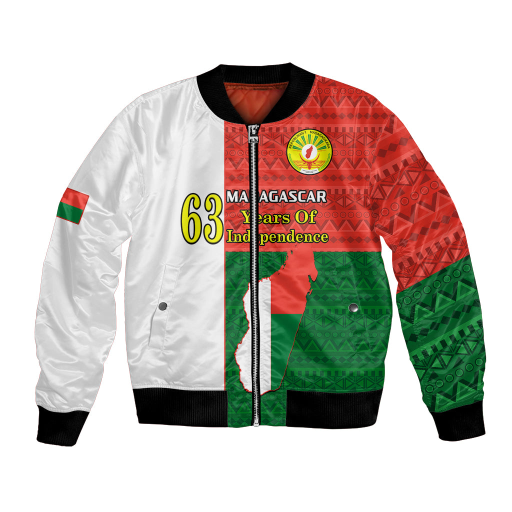Red, green, and white African-pattern bomber jacket with front zipper and ribbed cuffs