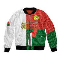 Red, green, and white African-pattern bomber jacket with front zipper and ribbed cuffs