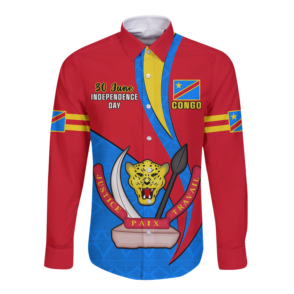 Red long sleeve button shirt with front Independence Day graphic and crest emblem