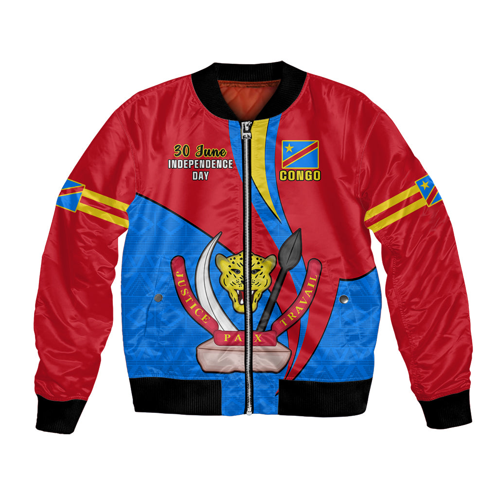 Unisex bomber jacket with red and blue graphic, zipper front, ribbed cuffs and hem