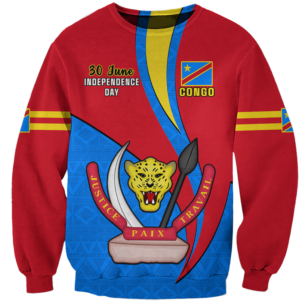 Red sweatshirt with 30 June Independence Day text and Congo emblem graphic