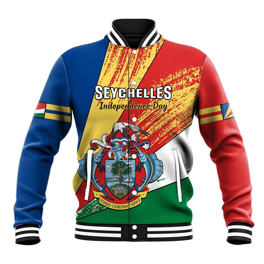 Flag-style baseball jacket with ribbed collar, striped cuffs, and SEYCHELLES crest graphic