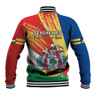 Back of flag-style baseball jacket with ribbed collar and SEYCHELLES crest graphic