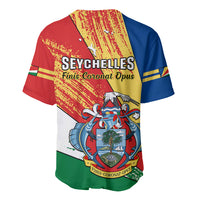 Baseball jersey with Seychelles flag print, red/blue/green panels and Finis Coronat Opus text