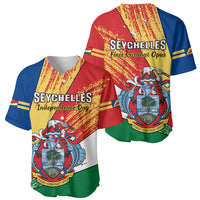 Pair of baseball jerseys with Seychelles flag prints, blue/red/green panels and crest graphics