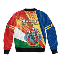 Seychelles flag-style bomber jacket with bold back graphic, ribbed hem, and split-color sleeves