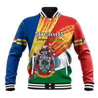 Color-block baseball jacket with SEYCHELLES print, snap front, striped rib collar and cuffs