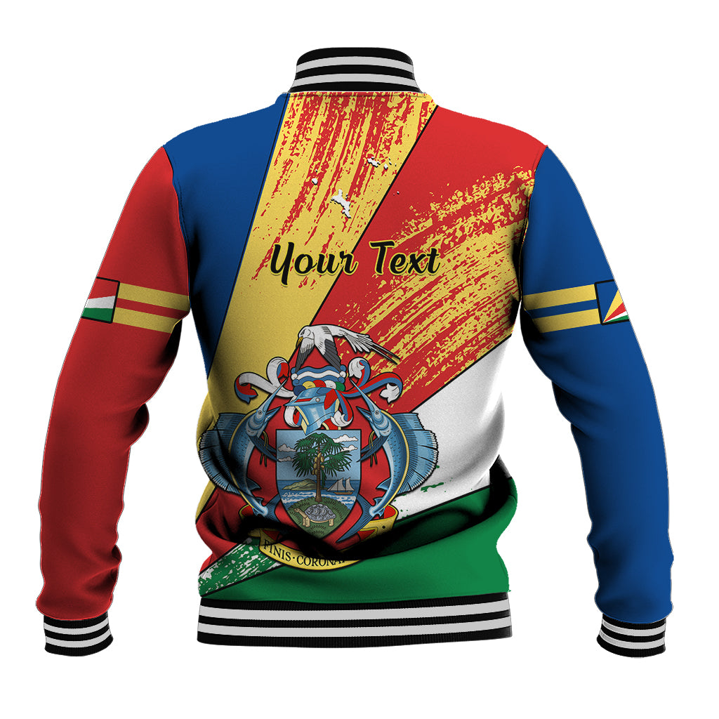 Color-block baseball jacket with custom “Your Text”, crest graphic, snap front, striped rib cuffs