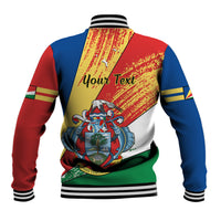 Color-block baseball jacket with custom “Your Text”, crest graphic, snap front, striped rib cuffs