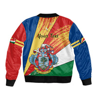 Unisex bomber jacket with Seychelles flag print and 'Your Text' design