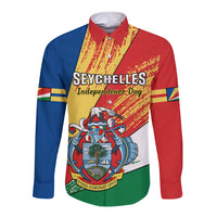 Flag-style long sleeve button shirt with Seychelles Independence Day graphic and crest