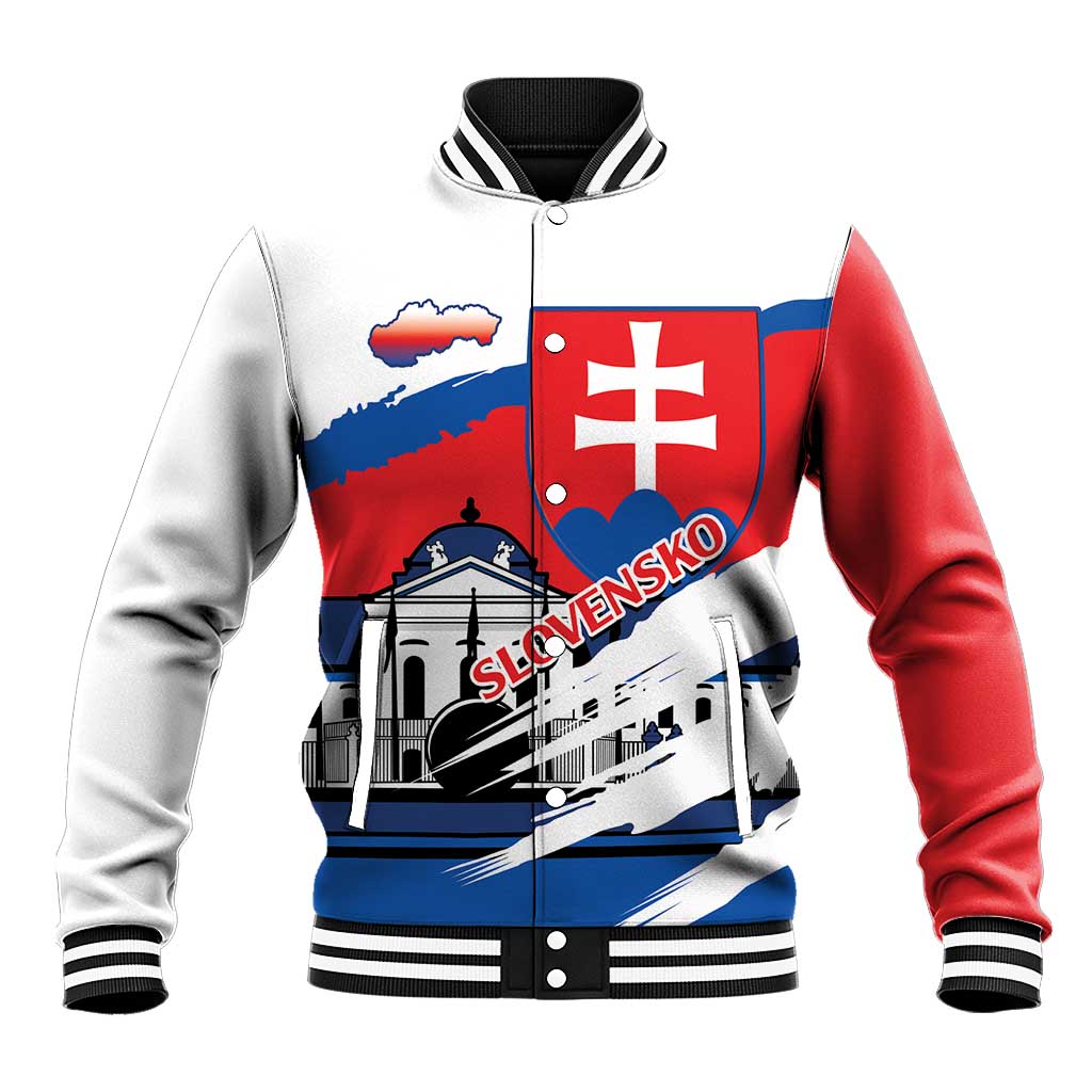 Unisex red, white and blue baseball jacket with large Slovakia crest graphic, ribbed collar