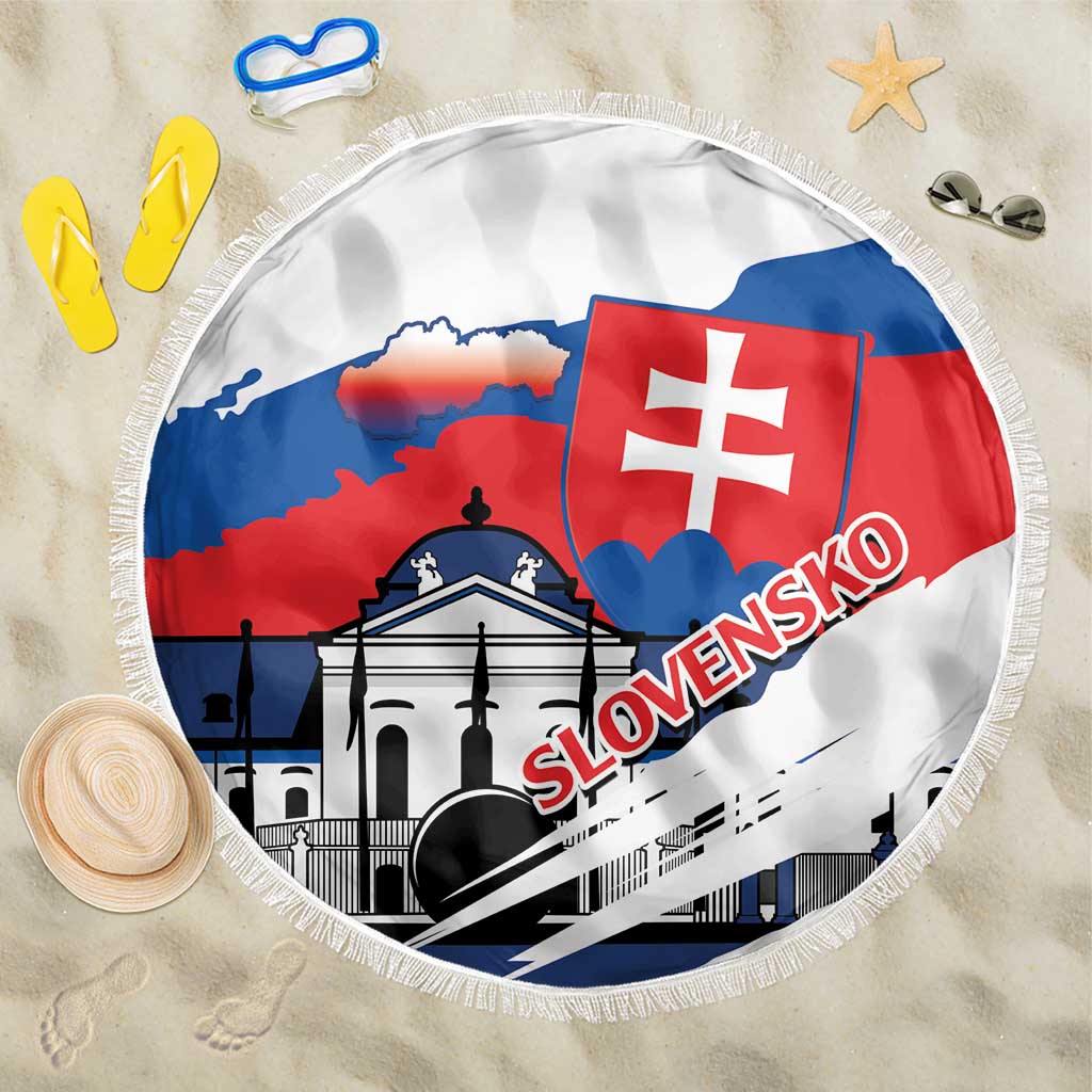 Round beach blanket with fringe, showing Slovak flag and castle crest graphic