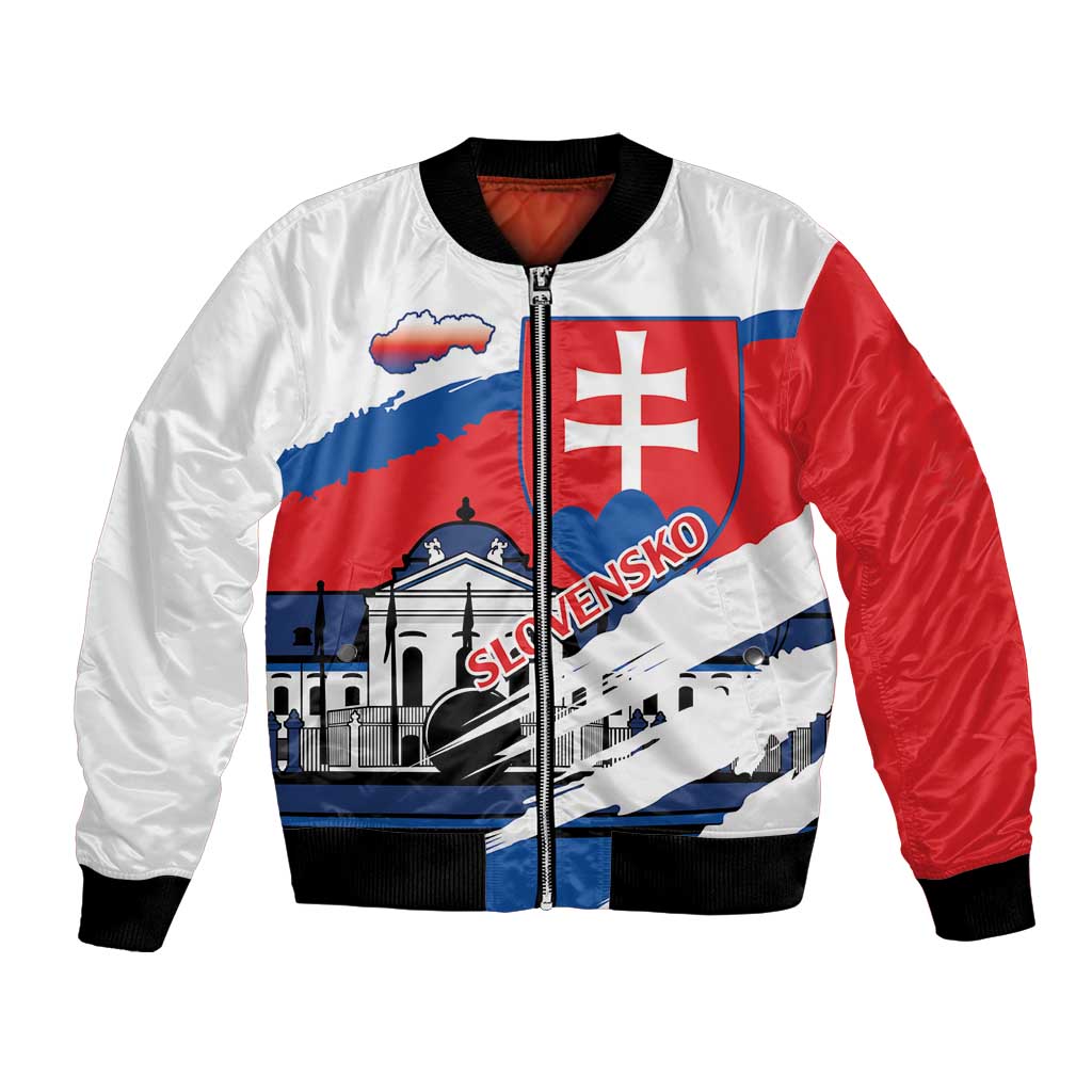Unisex bomber jacket in red, white and blue with front zipper and flag-style graphic