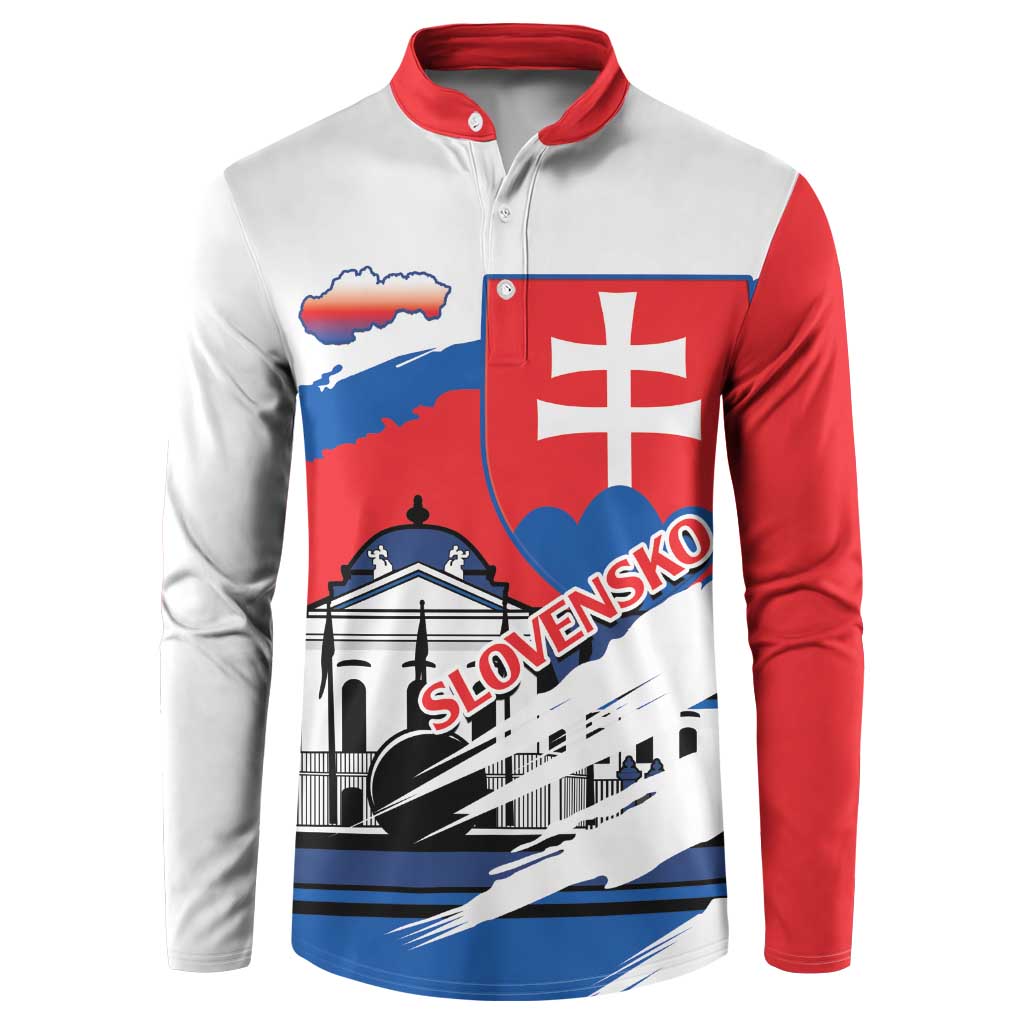 Red, white and blue button sweatshirt with Slovak coat of arms and castle graphic