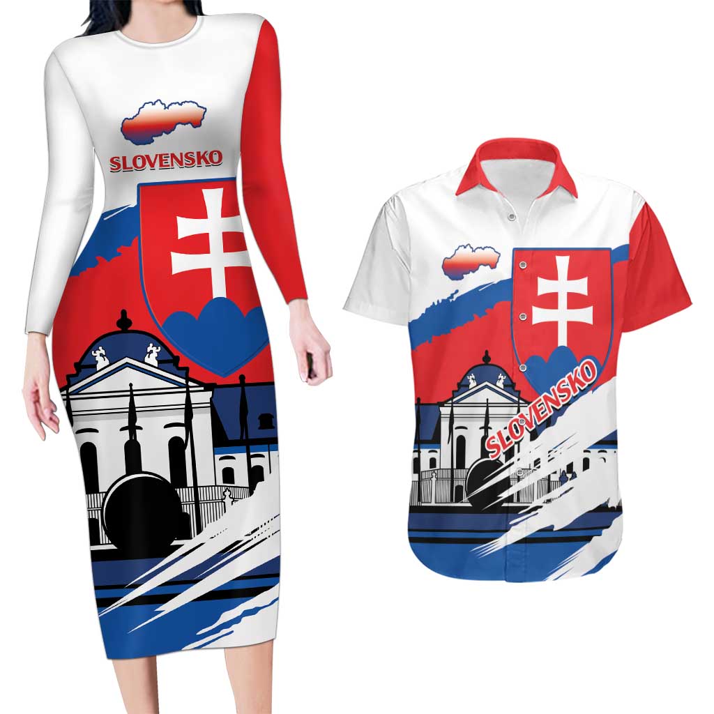 Slovakia Constitution Day Couples Matching Long Sleeve Bodycon Dress and Hawaiian Shirt Slovensko Grassalkovich Palace With Coat Of Arms - Wonder Print Shop