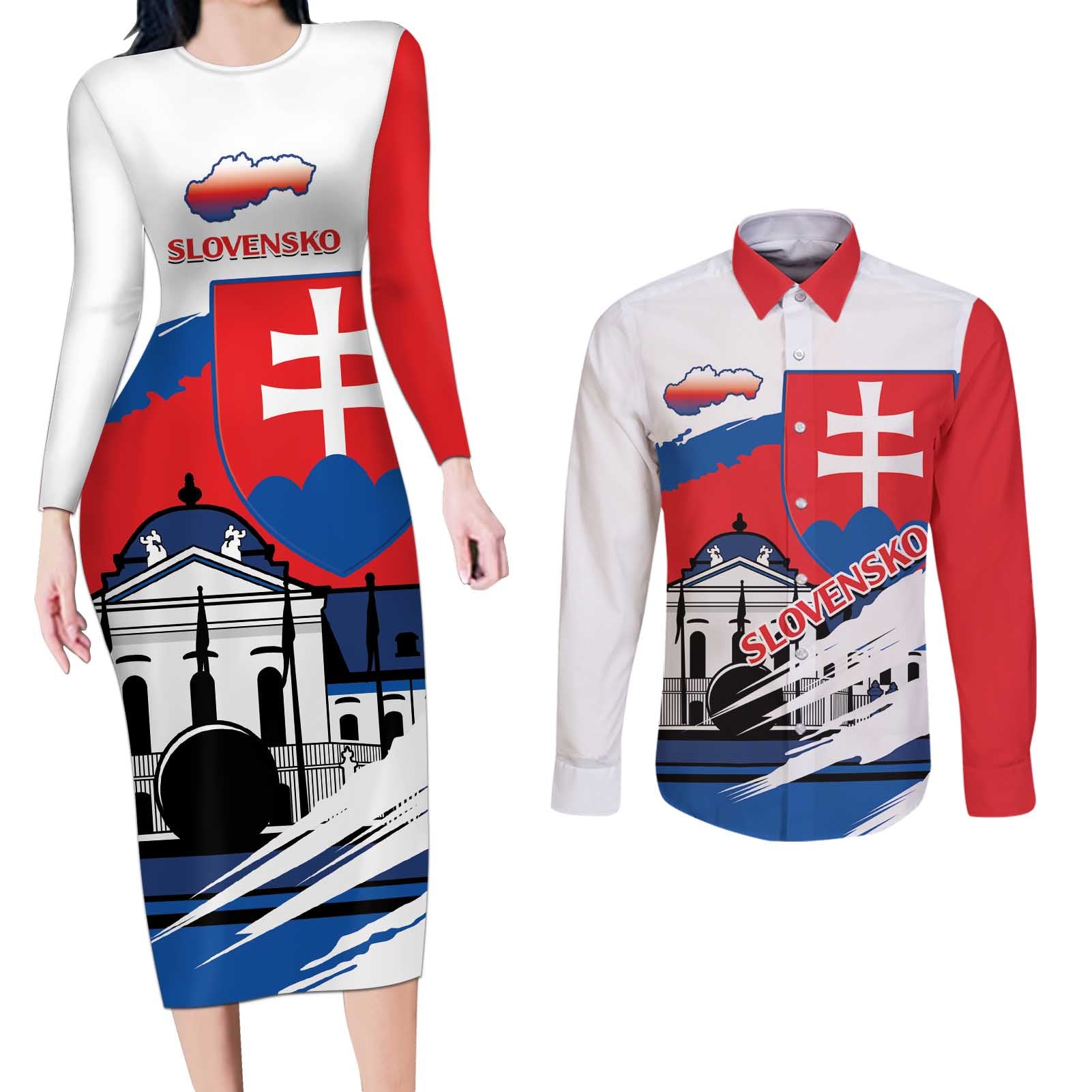 Slovakia Constitution Day Couples Matching Long Sleeve Bodycon Dress and Long Sleeve Button Shirt Slovensko Grassalkovich Palace With Coat Of Arms - Wonder Print Shop