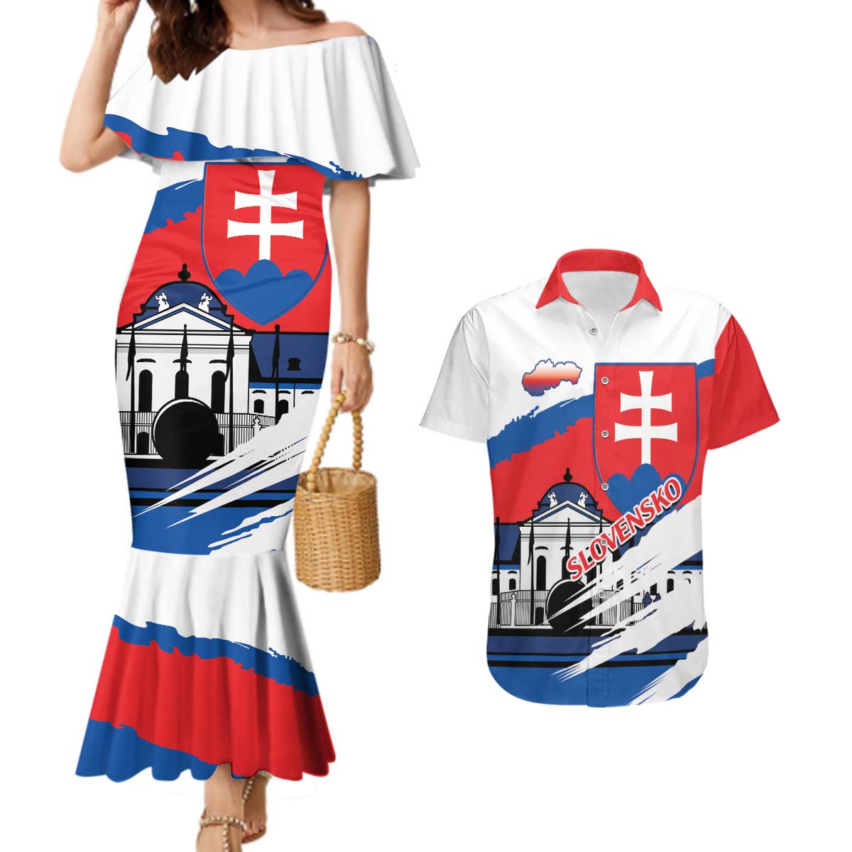 Slovakia Constitution Day Couples Matching Mermaid Dress and Hawaiian Shirt Slovensko Grassalkovich Palace With Coat Of Arms - Wonder Print Shop