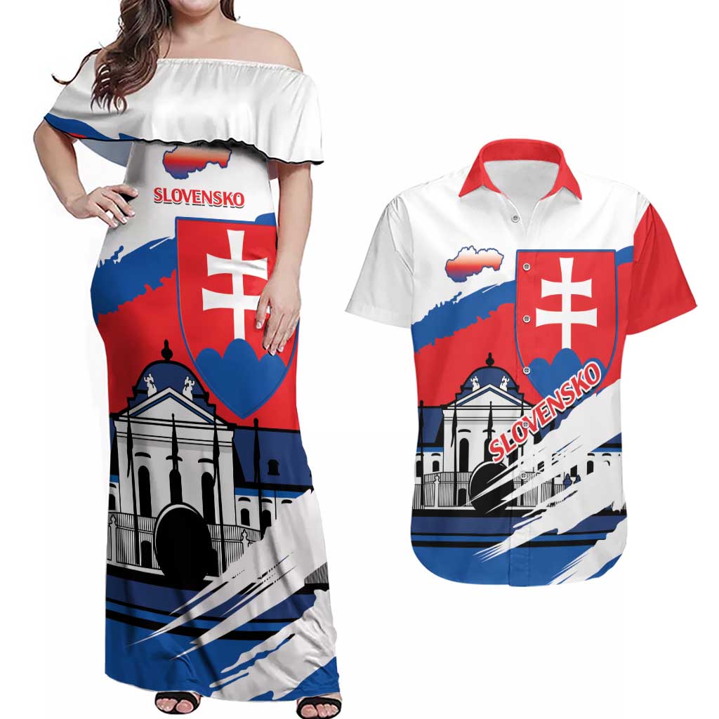 Slovakia Constitution Day Couples Matching Off Shoulder Maxi Dress and Hawaiian Shirt Slovensko Grassalkovich Palace With Coat Of Arms - Wonder Print Shop