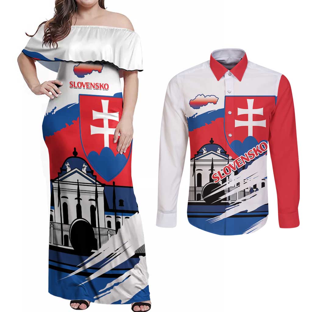 Slovakia Constitution Day Couples Matching Off Shoulder Maxi Dress and Long Sleeve Button Shirt Slovensko Grassalkovich Palace With Coat Of Arms - Wonder Print Shop