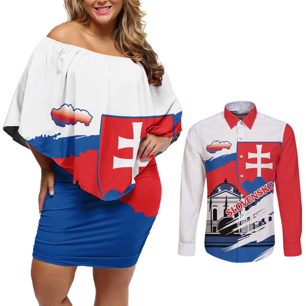 Slovakia Constitution Day Couples Matching Off Shoulder Short Dress and Long Sleeve Button Shirt Slovensko Grassalkovich Palace With Coat Of Arms - Wonder Print Shop