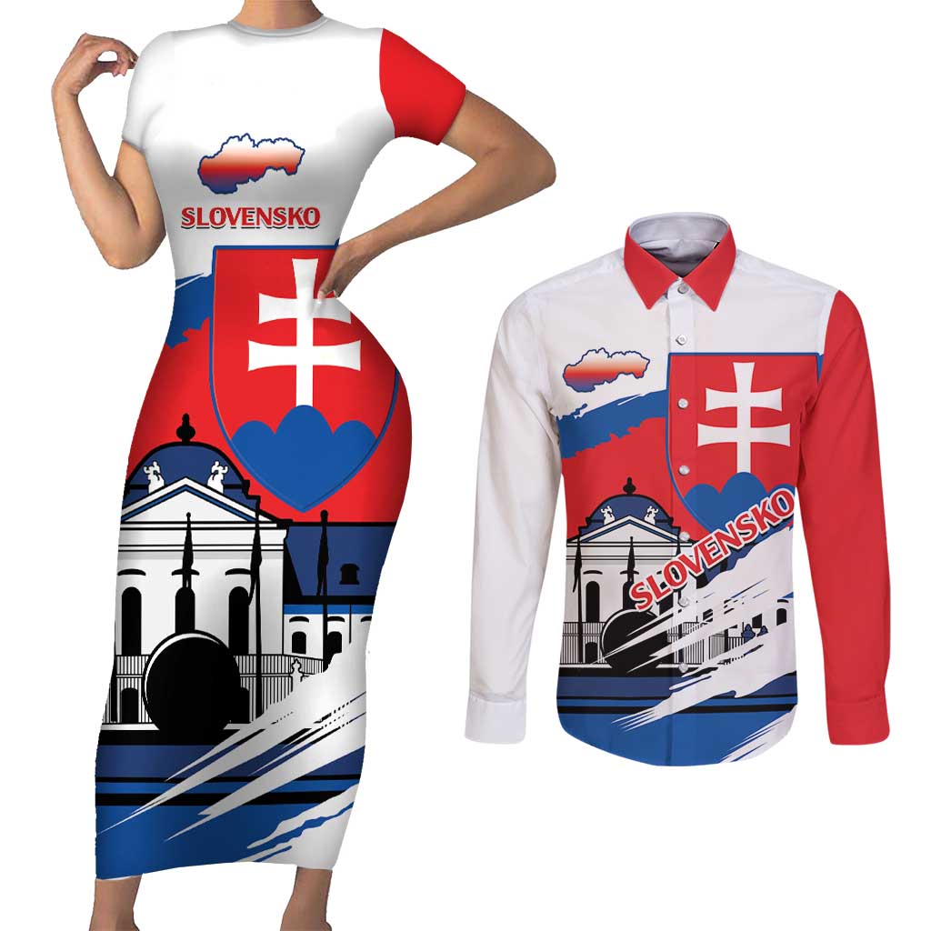 Slovakia Constitution Day Couples Matching Short Sleeve Bodycon Dress and Long Sleeve Button Shirt Slovensko Grassalkovich Palace With Coat Of Arms - Wonder Print Shop