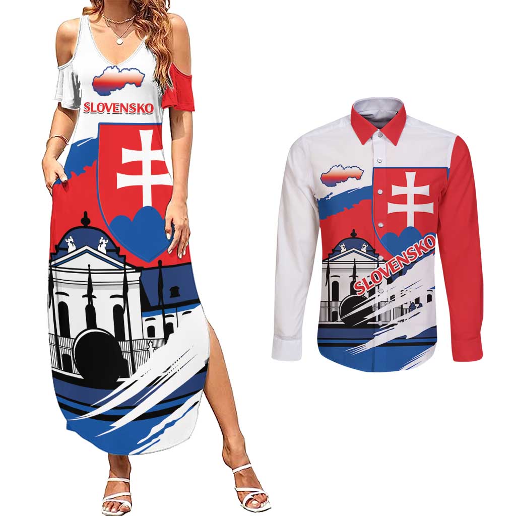 Slovakia Constitution Day Couples Matching Summer Maxi Dress and Long Sleeve Button Shirt Slovensko Grassalkovich Palace With Coat Of Arms - Wonder Print Shop