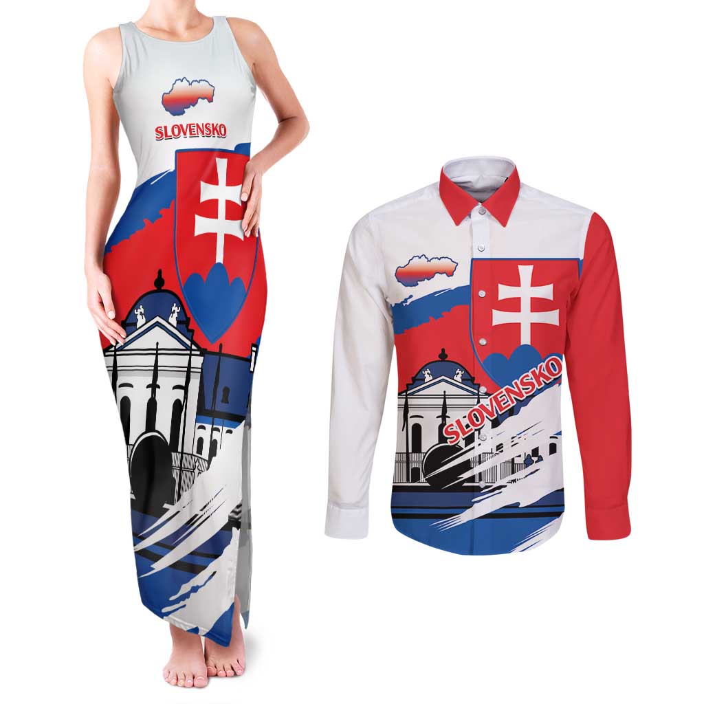 Slovakia Constitution Day Couples Matching Tank Maxi Dress and Long Sleeve Button Shirt Slovensko Grassalkovich Palace With Coat Of Arms - Wonder Print Shop