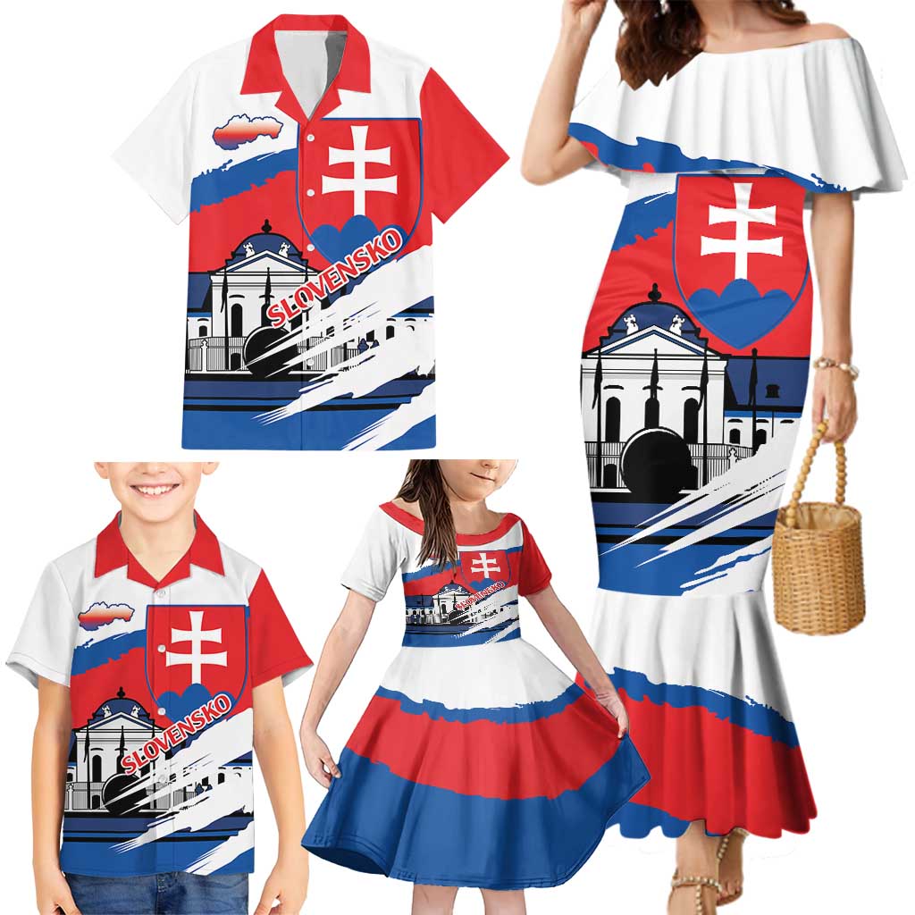 Slovakia Constitution Day Family Matching Mermaid Dress and Hawaiian Shirt Slovensko Grassalkovich Palace With Coat Of Arms - Wonder Print Shop