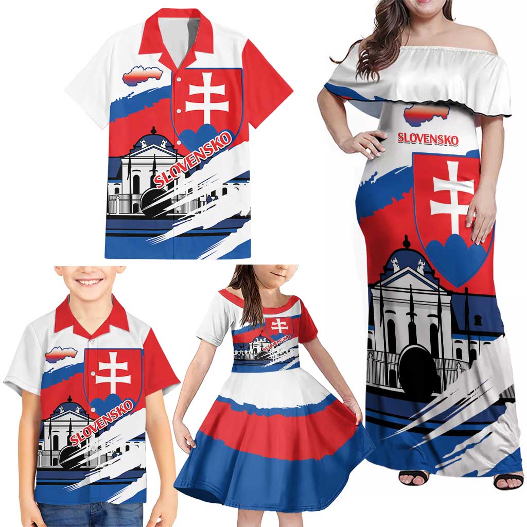 Slovakia Constitution Day Family Matching Off Shoulder Maxi Dress and Hawaiian Shirt Slovensko Grassalkovich Palace With Coat Of Arms - Wonder Print Shop