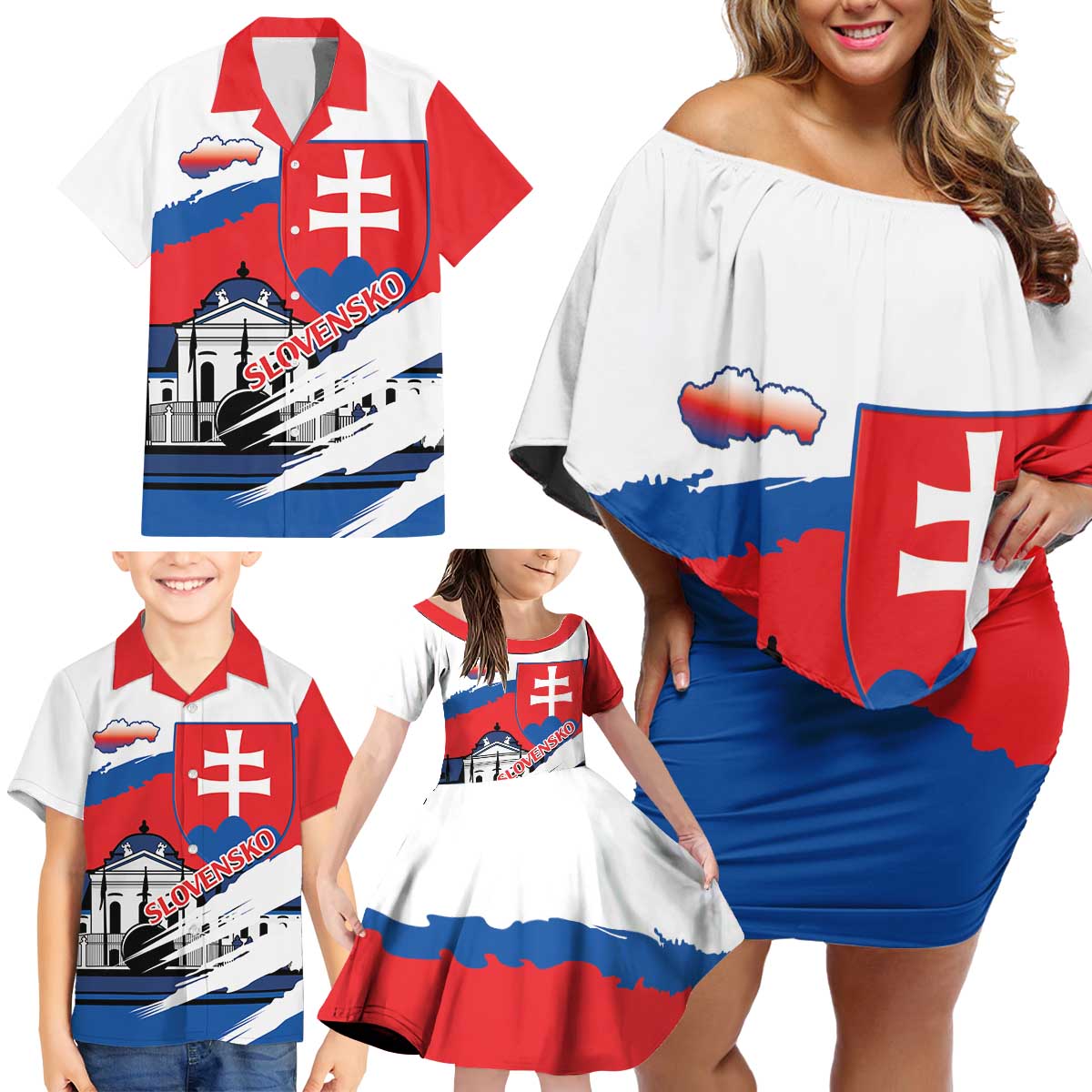 Slovakia Constitution Day Family Matching Off Shoulder Short Dress and Hawaiian Shirt Slovensko Grassalkovich Palace With Coat Of Arms - Wonder Print Shop