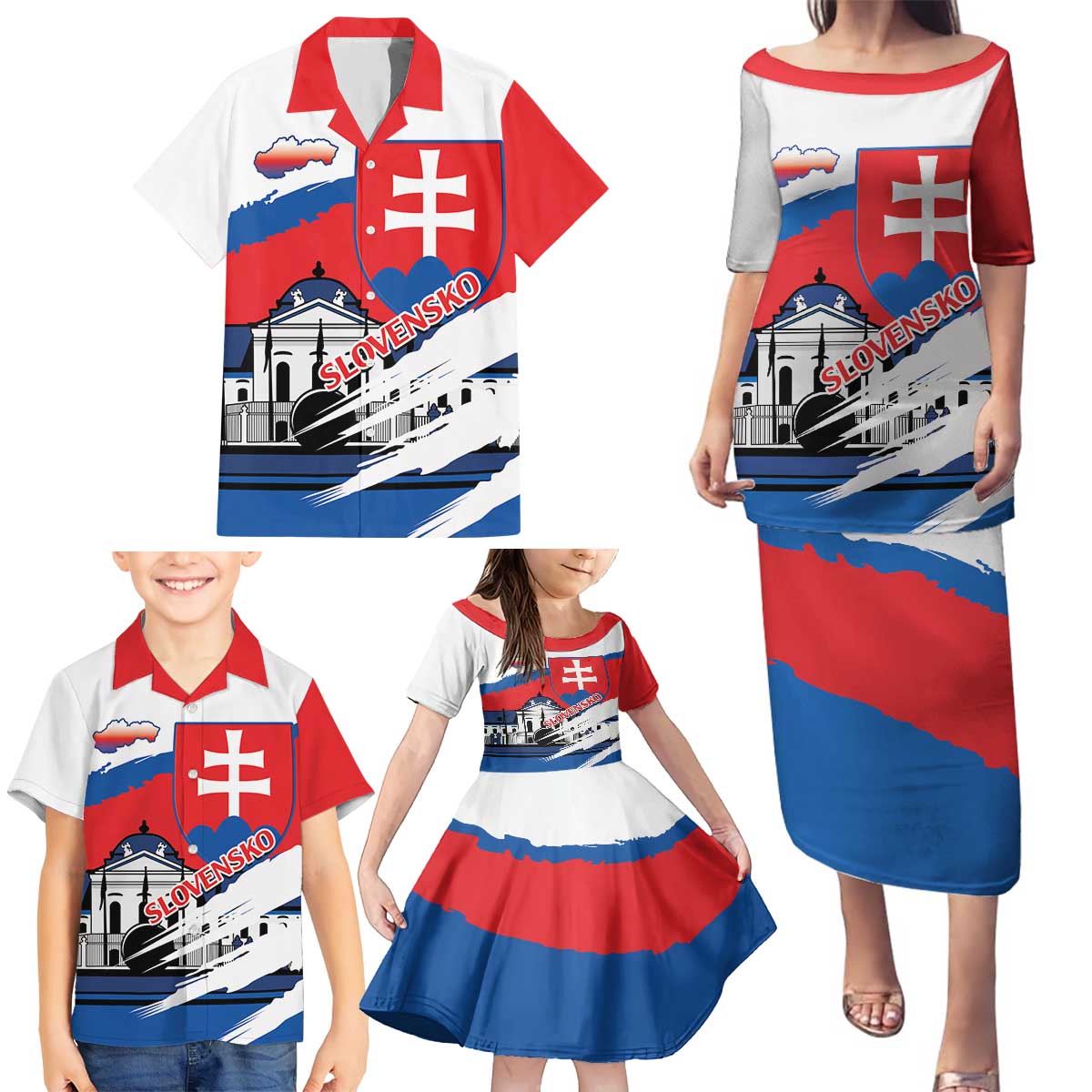 Slovakia Constitution Day Family Matching Puletasi and Hawaiian Shirt Slovensko Grassalkovich Palace With Coat Of Arms - Wonder Print Shop