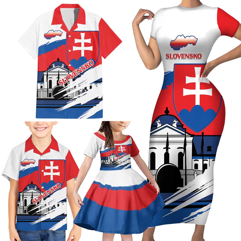 Slovakia Constitution Day Family Matching Short Sleeve Bodycon Dress and Hawaiian Shirt Slovensko Grassalkovich Palace With Coat Of Arms - Wonder Print Shop