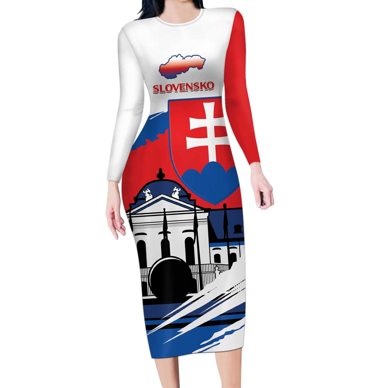 Slovakia Constitution Day Long Sleeve Bodycon Dress Slovensko Grassalkovich Palace With Coat Of Arms - Wonder Print Shop